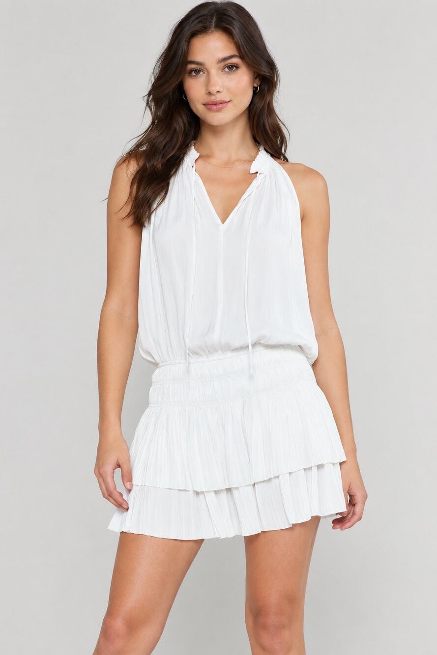 Current Air Cara White Pleated Mini Dress Ruffle Tie Neck Tiered Size Small Boho